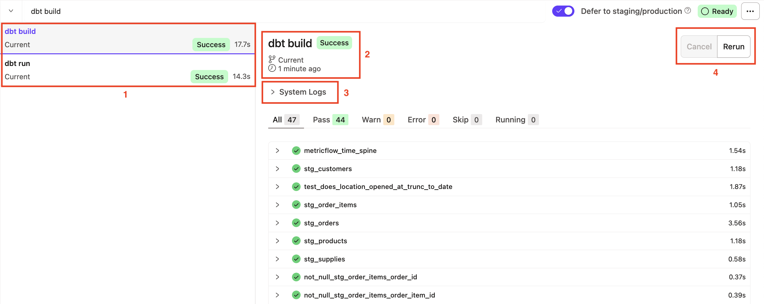 The Invocation History Drawer returns a log and detail of all your dbt invocations.